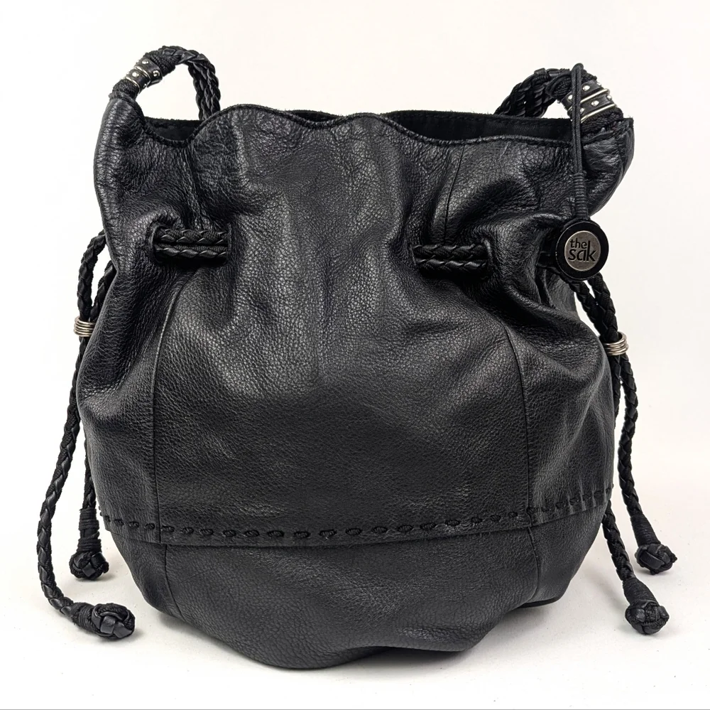 The Sak Bucket Bag Leather Hobo Drawstring Cinch Braided Strap Slouchy Boho Y2K